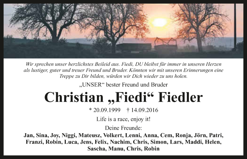  Traueranzeige für Christian Fiedler vom 17.09.2016 aus 