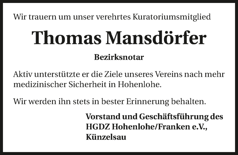  Traueranzeige für Thomas Mansdörfer vom 17.09.2016 aus 