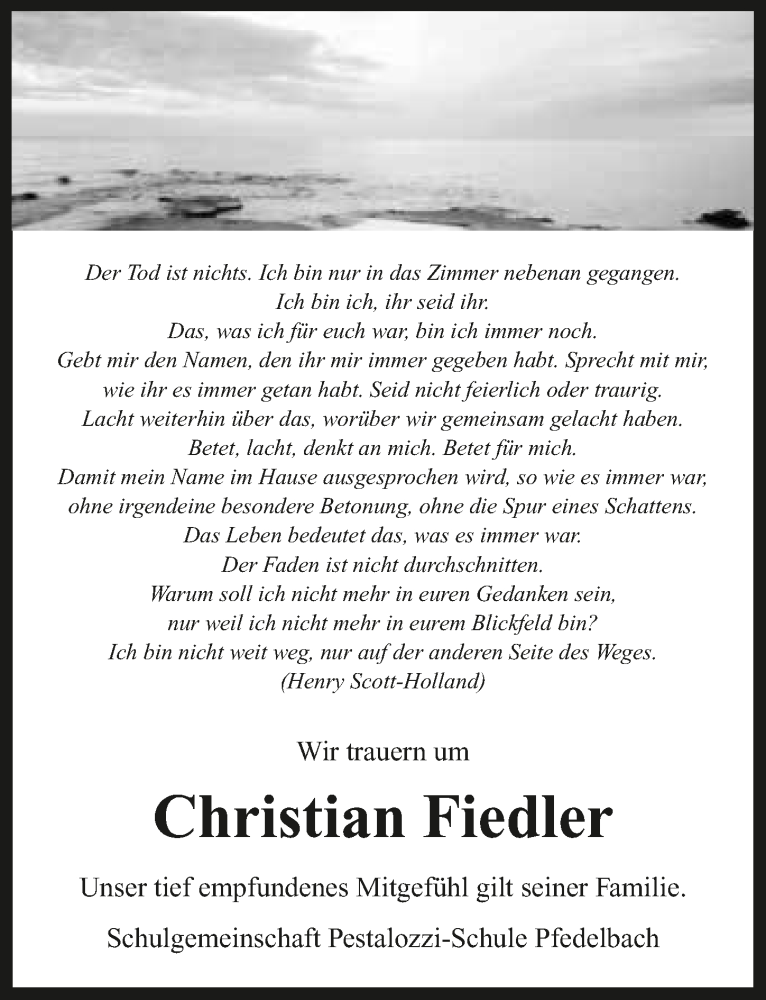 Traueranzeige für Christian Fiedler vom 17.09.2016 aus 