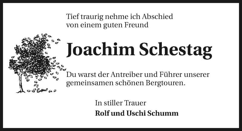  Traueranzeige für Joachim Schestag vom 07.09.2016 aus 