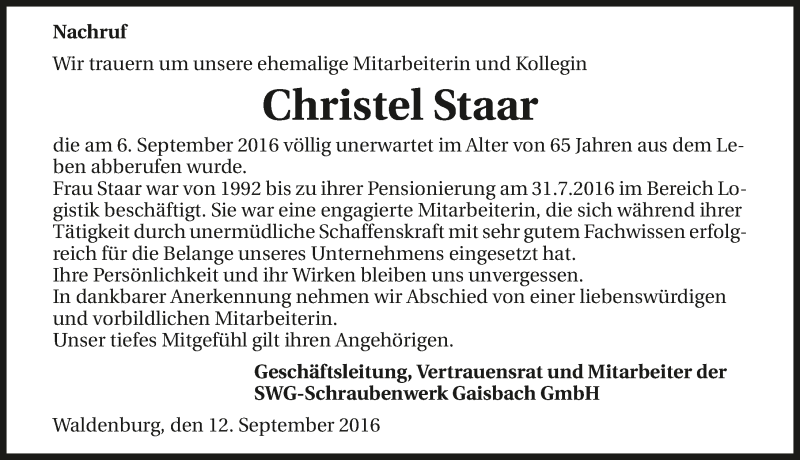  Traueranzeige für Christel Staar vom 13.09.2016 aus 
