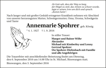 Traueranzeige von Annemarie Spohrer 