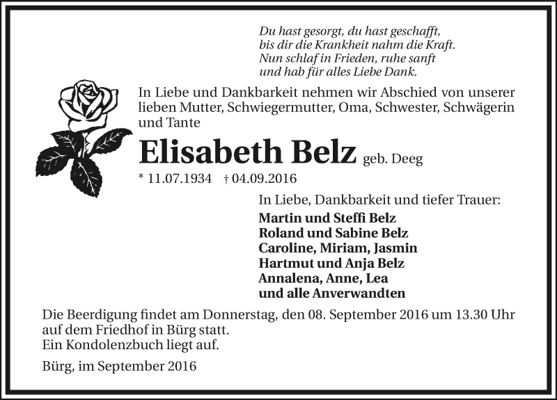  Traueranzeige für Elisabeth Belz vom 06.09.2016 aus 