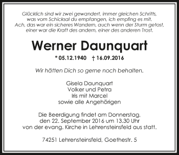 Traueranzeige von Werner Daunquart 
