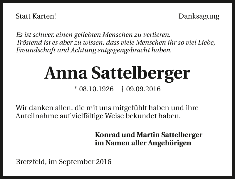  Traueranzeige für Anna Sattelberger vom 23.09.2016 aus 