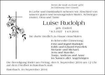 Traueranzeige von Luise Rudolph 