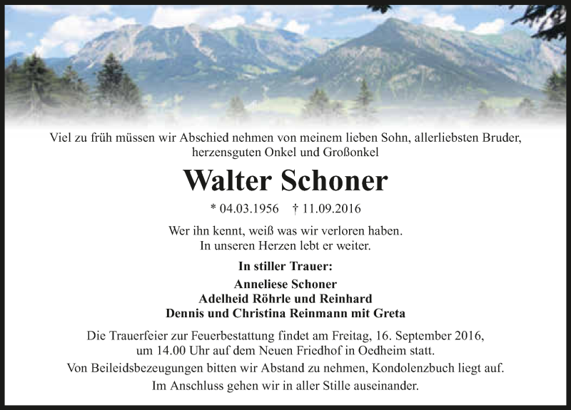  Traueranzeige für Walter Schoner vom 13.09.2016 aus 