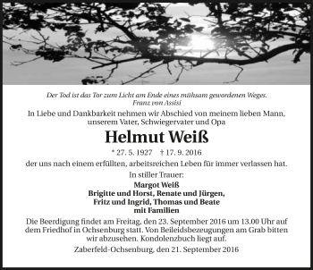 Traueranzeige von Helmut Weiß 