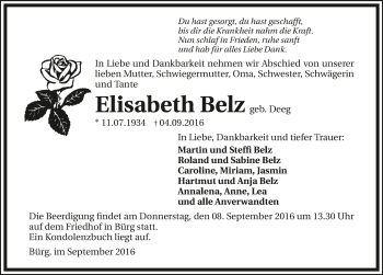 Traueranzeige von Elisabeth Belz 