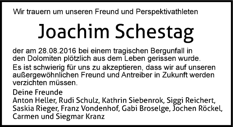  Traueranzeige für Joachim Schestag vom 06.09.2016 aus 
