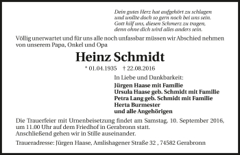 Traueranzeige von Heinz Schmidt 