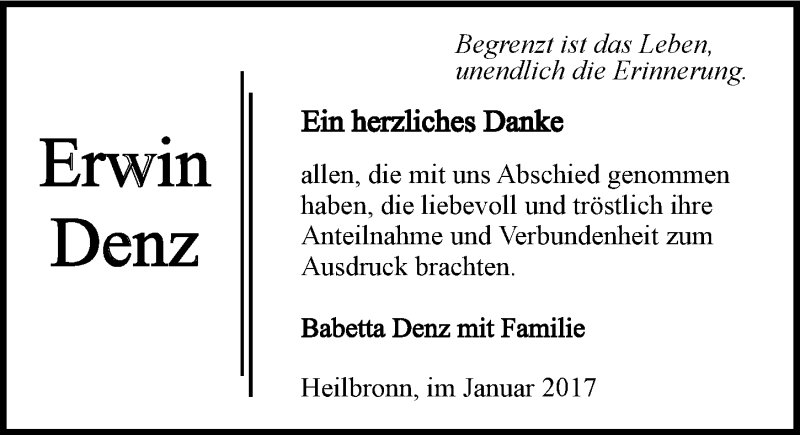  Traueranzeige für Erwin Denz vom 20.01.2017 aus 