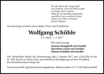 Traueranzeige von Wolfgang Schühle 