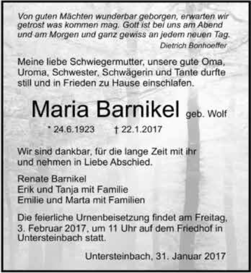  Traueranzeige für Maria Barnikel vom 31.01.2017 aus 