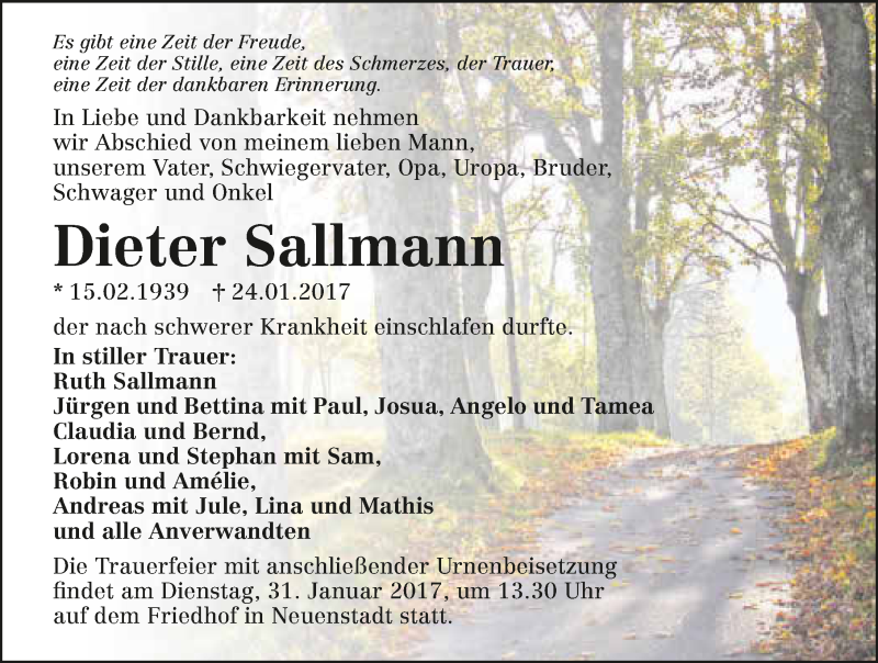  Traueranzeige für Dieter Sallmann vom 25.01.2017 aus 