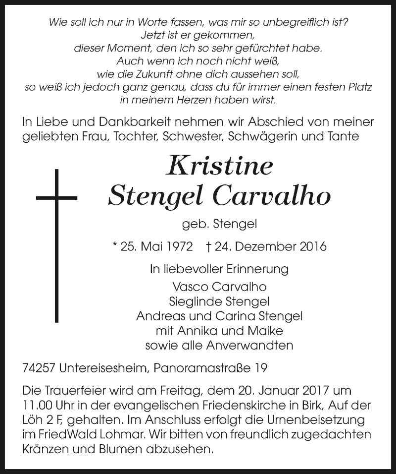  Traueranzeige für Kristine Stengel Carvalho vom 07.01.2017 aus 