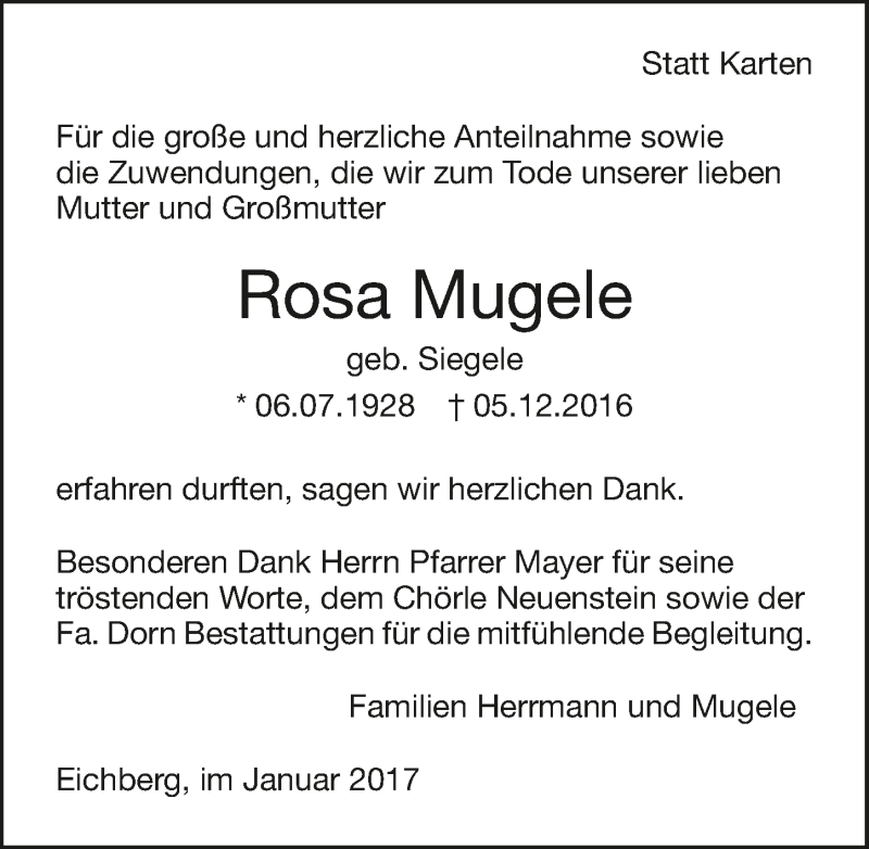  Traueranzeige für Rosa Mugele vom 14.01.2017 aus 