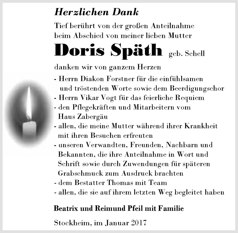  Traueranzeige für Doris Späth vom 04.01.2017 aus 