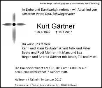 Traueranzeige von Kurt Gärtner 
