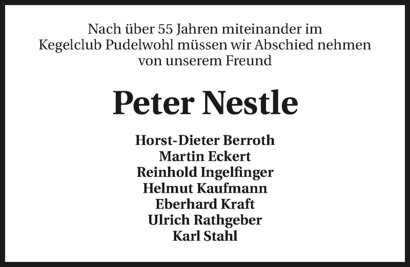  Traueranzeige für Peter Nestle vom 20.01.2017 aus 