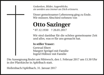 Traueranzeige von Otto Sazinger 