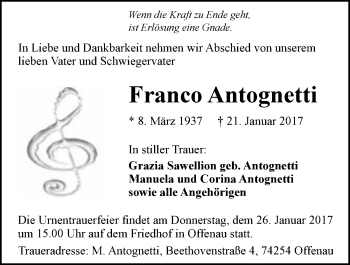 Traueranzeige von Franco Antognetti 