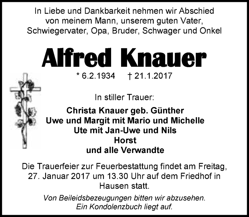  Traueranzeige für Alfred Knauer vom 24.01.2017 aus 