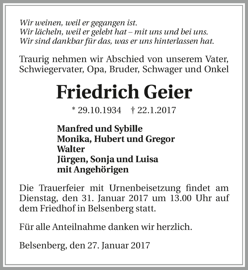  Traueranzeige für Friedrich Geier vom 27.01.2017 aus 