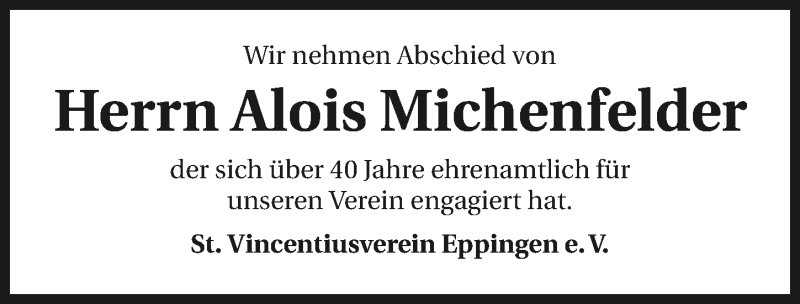  Traueranzeige für Alois Michenfelder vom 12.01.2017 aus 