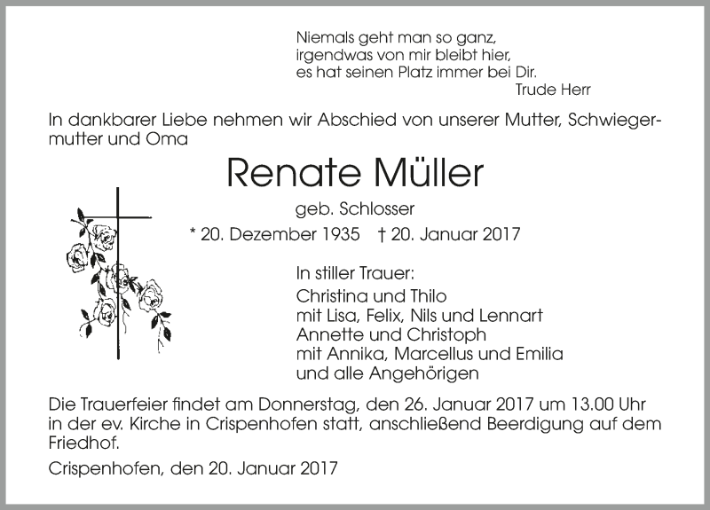  Traueranzeige für Renate Müller vom 23.01.2017 aus 