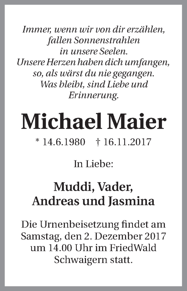  Traueranzeige für Michael Maier vom 24.11.2017 aus 