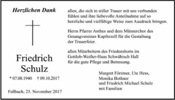 Traueranzeige von Friedrich Schulz 