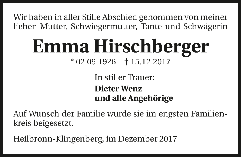  Traueranzeige für Emma Hirschberger vom 30.12.2017 aus 