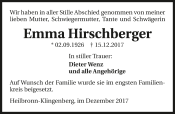 Traueranzeige von Emma Hirschberger 