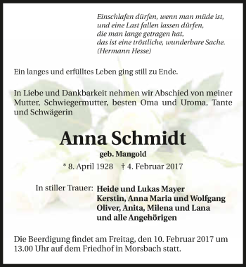 Traueranzeige von Anna Schmidt 