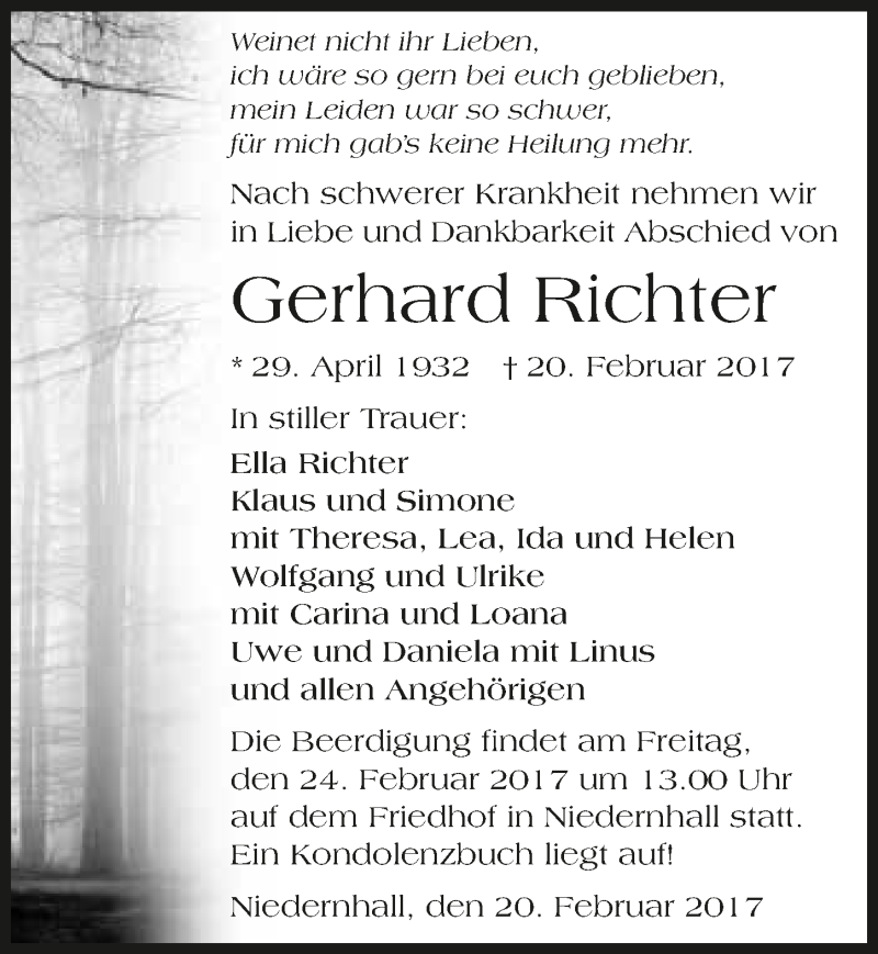  Traueranzeige für Gerhard Richter vom 22.02.2017 aus 