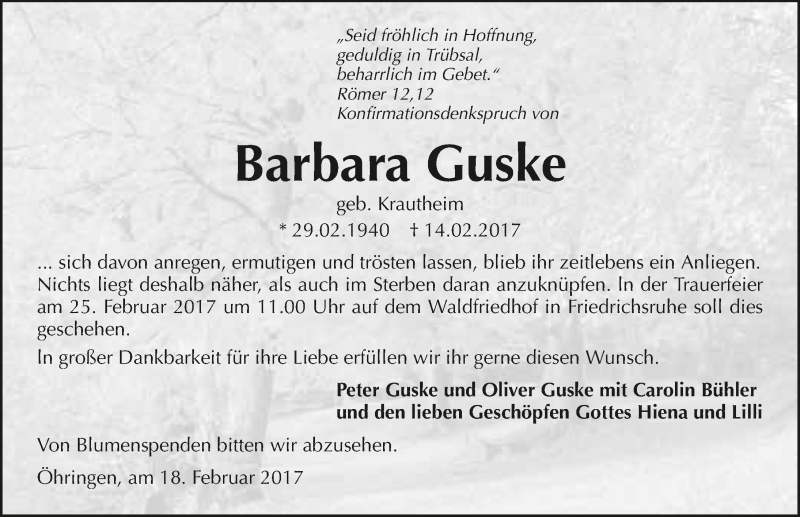  Traueranzeige für Barbara Guske vom 18.02.2017 aus 