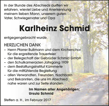Traueranzeige von Karlheinz Schmid 