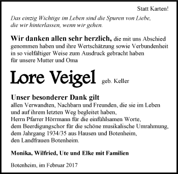 Traueranzeige von Lore Veigel 