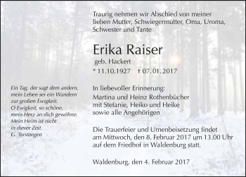Traueranzeige von Erika Raiser 