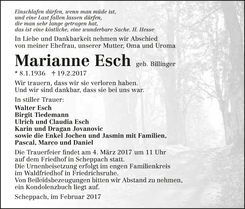  Traueranzeige für Marianne Esch vom 01.03.2017 aus 