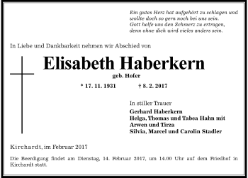 Traueranzeige von Elisabeth Haberkern 