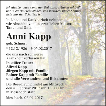 Traueranzeige von Anni Kapp 