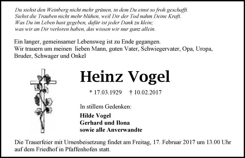 Traueranzeige für Heinz Vogel vom 14.02.2017 aus 