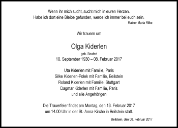 Traueranzeige von Olga Kiderlen 