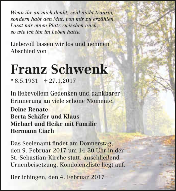 Traueranzeige von Franz Schwenk 