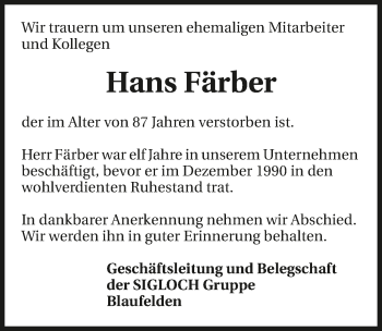 Traueranzeige von Hans Färber 