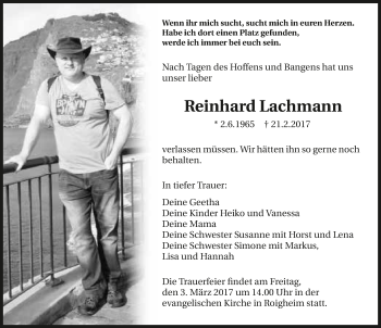 Traueranzeige von Reinhard Lachmann 