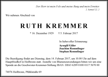 Traueranzeige von Ruth Kremmer 