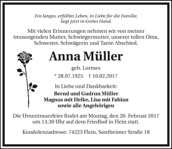 Traueranzeige von Anna Müller 